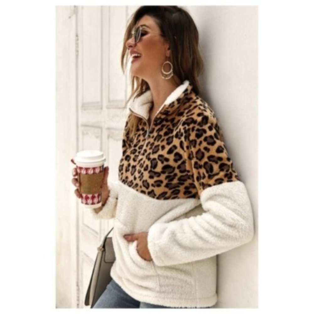 Leopard Fleece Sherpa 1/4 Zip Pullover Sweatshirt Women Size Large - Picture 5 of 6